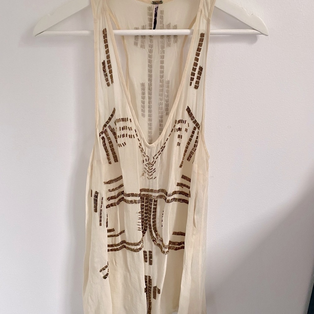 Free People light Cream bronze beaded Top